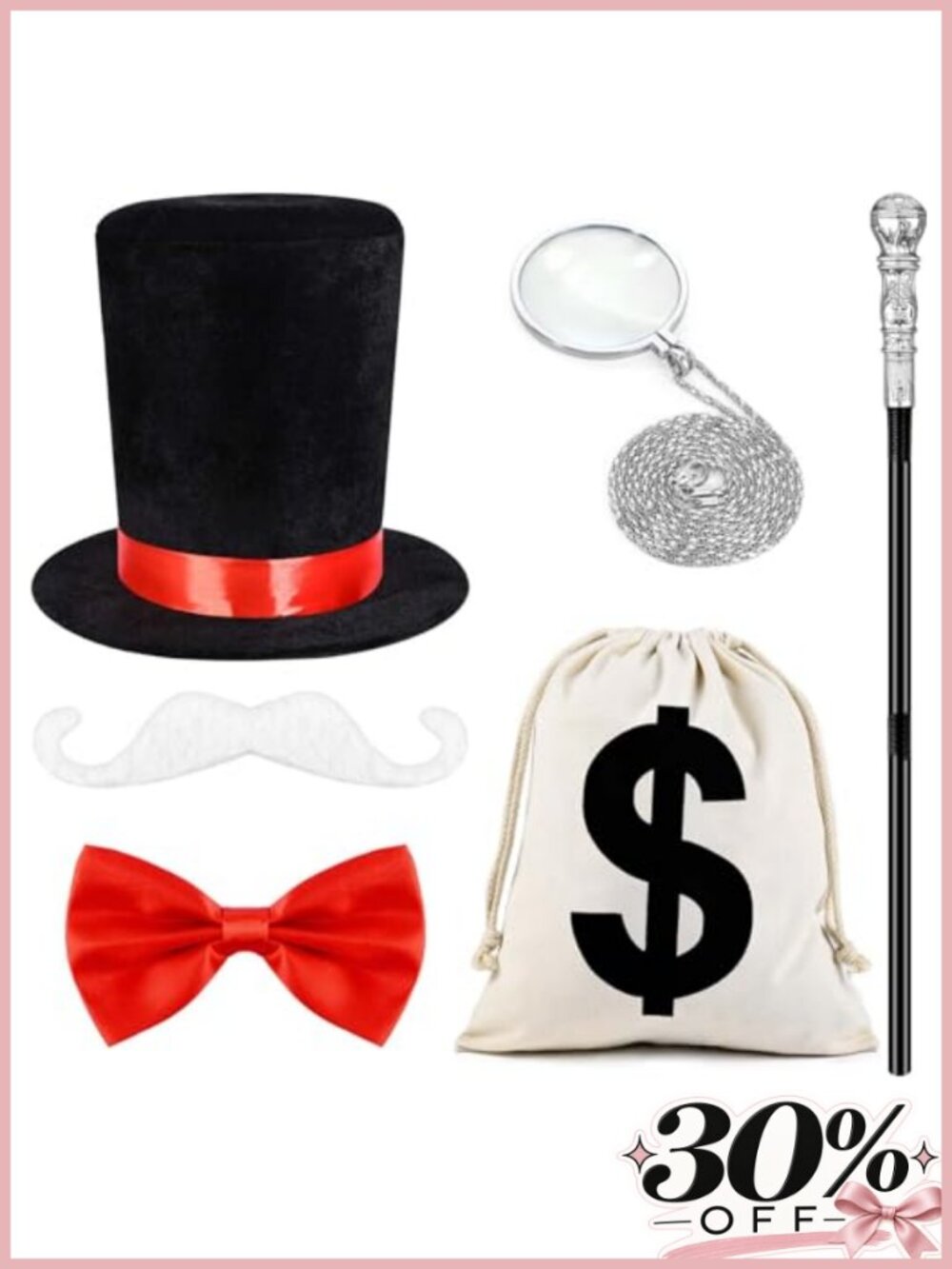 6 Pc Halloween Gentleman Costume Accessory Set Top Hat Bow Tie Mustache Cane